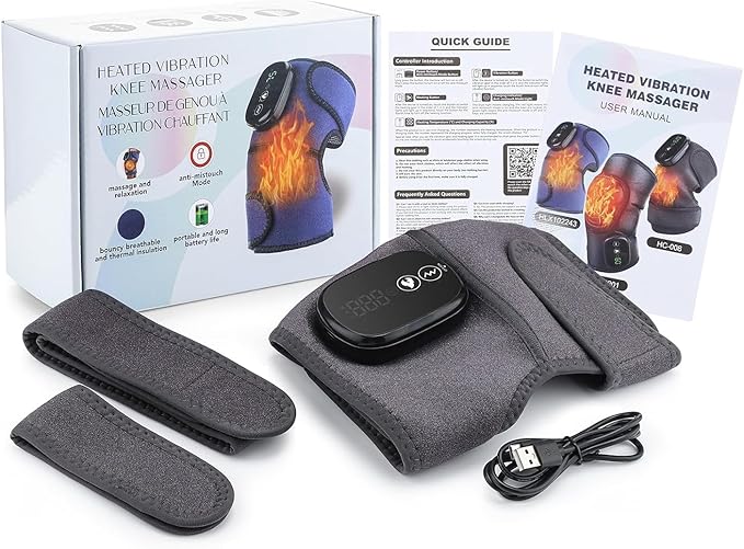 Cordless Heated Knee Massager, FSA Eligible 3-in-1 Wearable Wrap for Knee, Elbow and Shoulder, 5000mAh Rechargeable Heat and Vibration Massager, Gray, 1 Pack