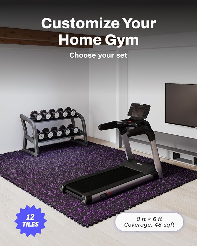 AIRHOP 0.56in Thick 48 Sq Ft Exercise Equipment Mats, 12 Tiles Upgraded Rubber Top with High Density EVA Foam, Large Interlocking Puzzle Gym Flooring for Home Gym, Heavy Weight Workout, 24 x 24in