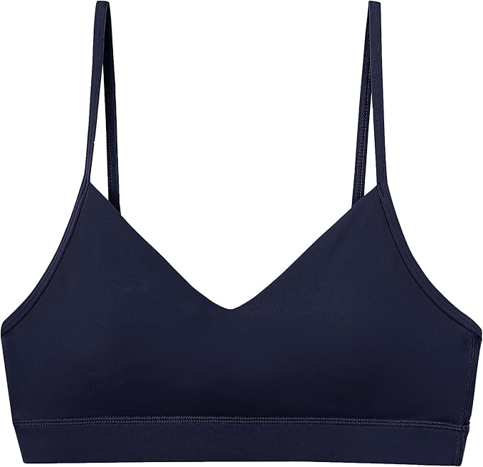 Oalka V Neck Sports Bra for Women Adjustable Padded Thin Straps Wireless Yoga Bras