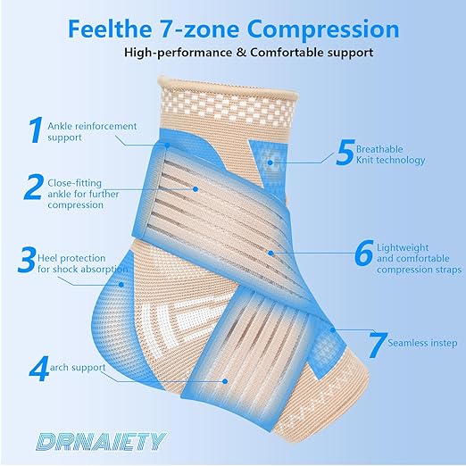 DRNAIETY Copper Ankle Brace for Men & Women - 1 Pair Adjustable Ankle Support Compression Sleeve for Plantar Fasciitis, Achilles Tendonitis, Foot Pain, Swelling, Sprains - Everyday Use (Skin Tone, Medium)