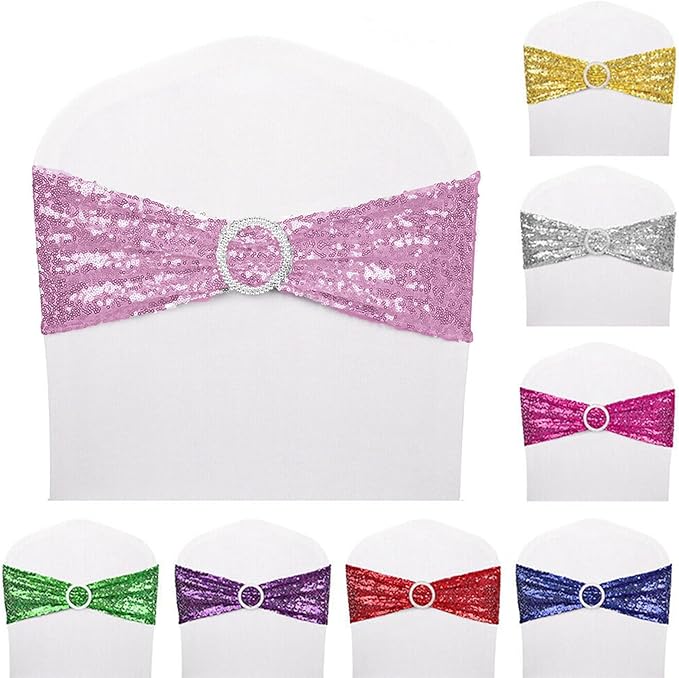 Dimatic 50 PCS Stretch Sequin Chair Sashes Chair Stretchy Spandex Bands for Wedding Reception Events Banquets Chairs Decoration (Purple)