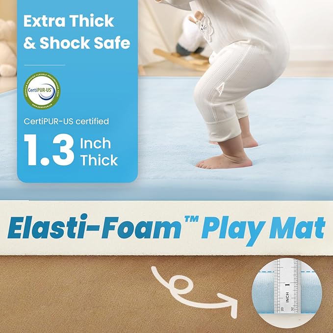 1.3" Thick Baby Play Mat for Floor, 28x72 Foam Tummy Time Mat, Padded Support Soft Plush Bedside Rugs for Infant Kids Toddler Crawling Kick Activity (Ice Blue)