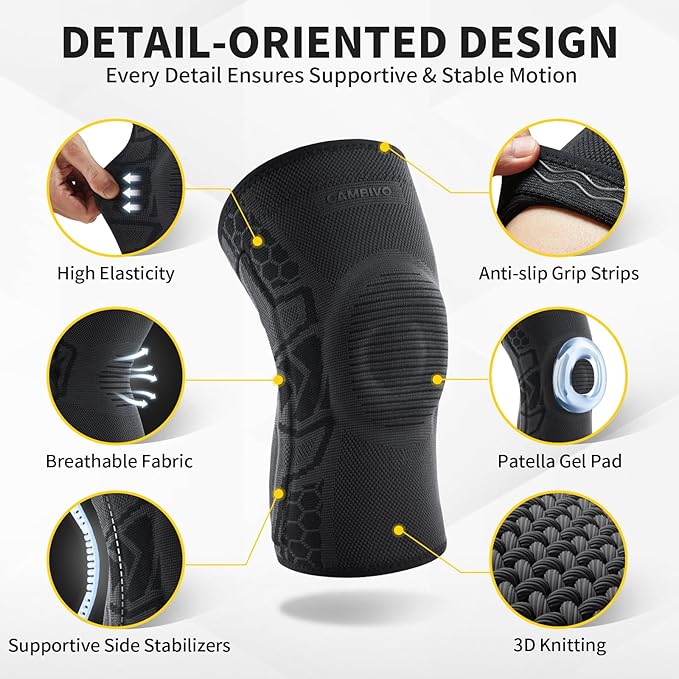 CAMBIVO 2 Pack Knee Brace for Men and Women, Knee Sleeves for Men with Patella Gel Pad and Side Stabilizers, Knee Compression Sleeves for Knee Pain Relief, Running, Workout, Daily Use