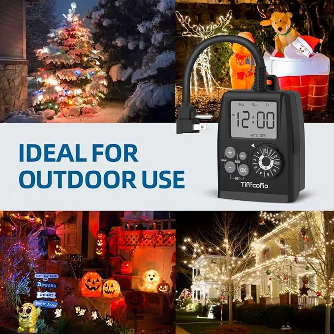 TiFFCOFiO New Digital Outdoor Timer Outlet, Dial Programmable Method, Outdoor Light Timer Waterproof, 2 Grounded Electrical Outlets for Christmas Lights, 6 Sets of Programs, 15A/1875W (2 Packs)