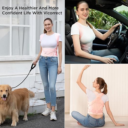 Vicorrect Posture Corrector for Women and Men: Back Support Brace Relieve Upper Back Shoulders Pain (Pink, Large)