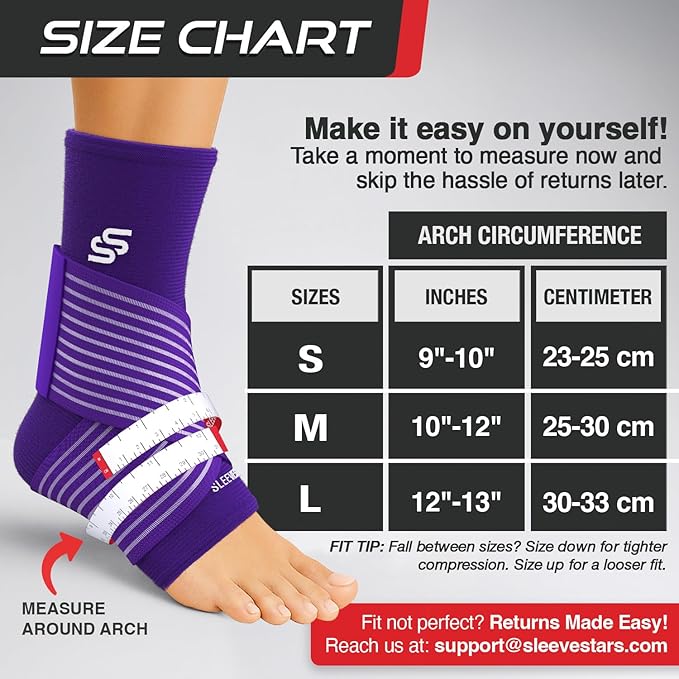 Sleeve Stars Ankle Brace for Women & Men, Ankle Wrap for Sprain, Compression Sleeve for Plantar Fasciitis Relief, Easy Customizable Support: w/ Removable Strap (Single/M:10"-12"/Dark Purple)