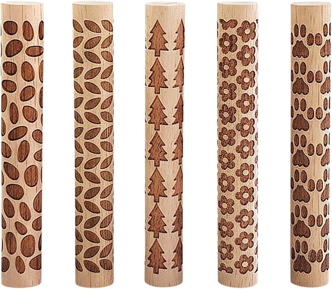 5 PCS Wooden Clay Texture Rollers Set, 100mm Pottery Pattern Rolling Pins with 10 Unique Designs, Ceramic and Polymer Clay Stamp Roller Tools for Studio Craft, Sculpting & Handmade Art Projects (B)