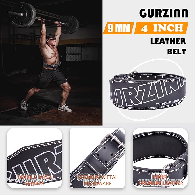 9mm Leather Fitness Weight Lifting Belt for Women&Men with 4 Inches Padded Lumbar Support for Power Lifting Workout & Squats Exercise