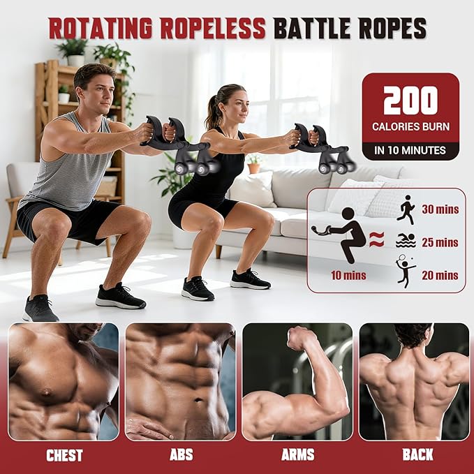 Rotating Ropeless Battle Rope, Weighted Cordless Battle Ropes for Home Gym with Quiet Bearings, Portable Battle Rope Sticks for HIIT, Cardio, Strength Training, Fitness Equipment for Men & Women(2PC)
