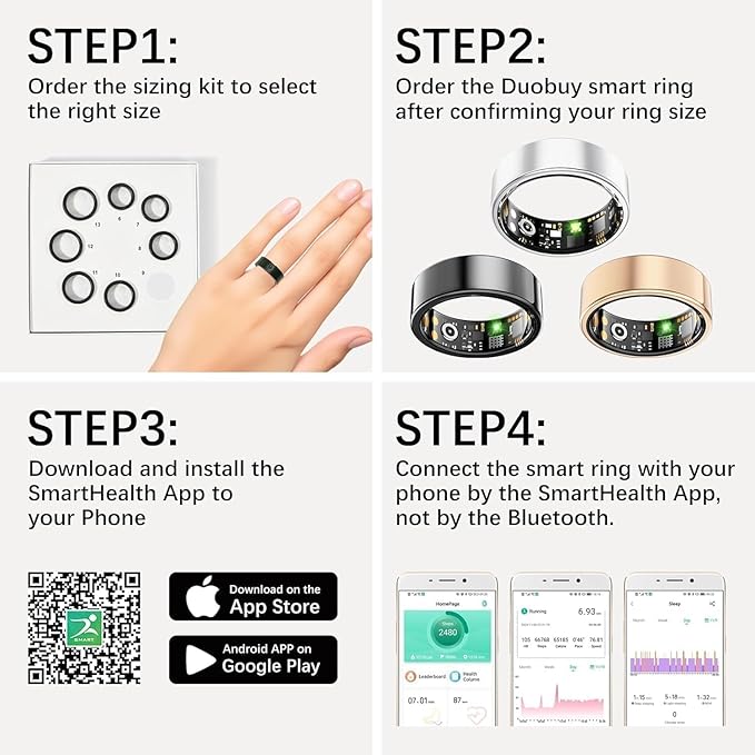 FKGZJF Smart Rings for Women Men, Fitness Ring with Heart Rate, Blood Oxygen, HRV, Stress, Sleep Tracker, Step Tracker, No Subscription Fee, lP68 Waterproof Smart Ring for iPhone & Android (Gold 8#)