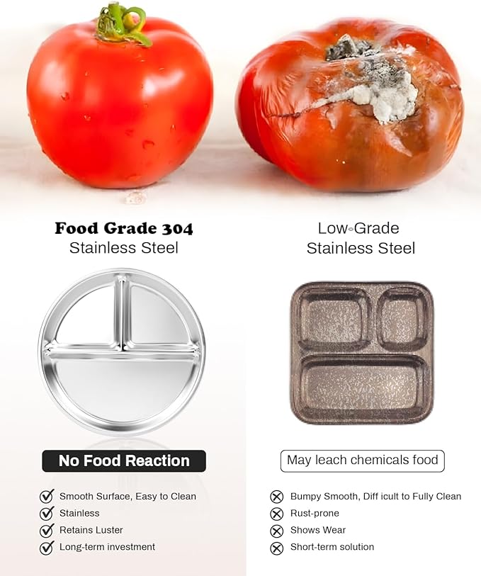 Stainless Steel Kids Plates with Lid 2 Packs, Deepened 9" Portion Control Plate Divided Plate for Adults Bariatric Weight Loss & Diabetic Diet, Non Toxic Unbreakable Toddlers Lunch Dishes