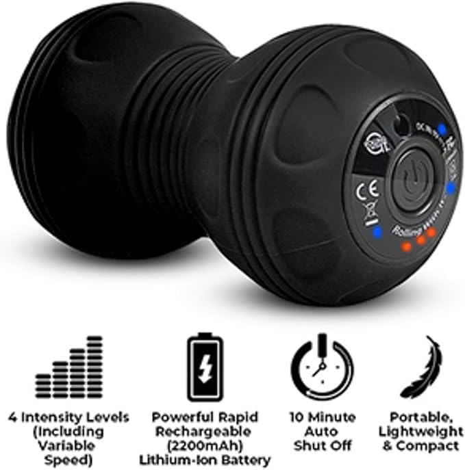 Rolling With It Vibrating Peanut Massage Ball - Deep Tissue Trigger Point Therapy, Myofascial Release - Handheld, Cordless - 4 Intensity Levels - Dual Lacrosse Ball Vibration Massager (Black)