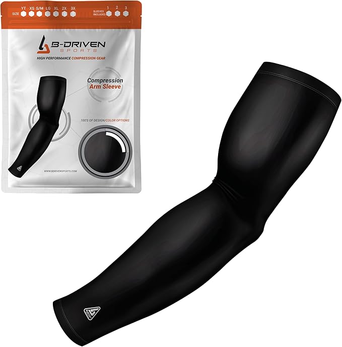 B-Driven Sports Pro-Fit Compression Arm Sleeve for Men, Women & Youth, Volleyball Baseball Basketball Weightlifting - Single