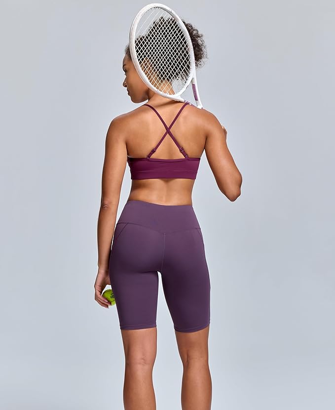 Oalka V Neck Sports Bra for Women Adjustable Padded Thin Straps Wireless Yoga Bras