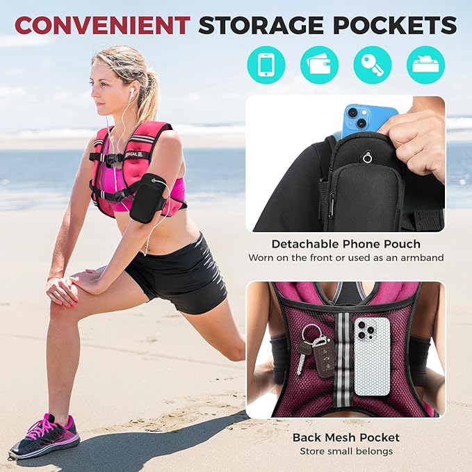 BAGAIL Comfort-Fit Weighted Vest for Woman, Even Weight Distribution, Faster Weight Loss, No-Chafe or Bounce for Walking & Running with Detachable Phone Pouch & Reflective Stripes (Available 5-30lbs)