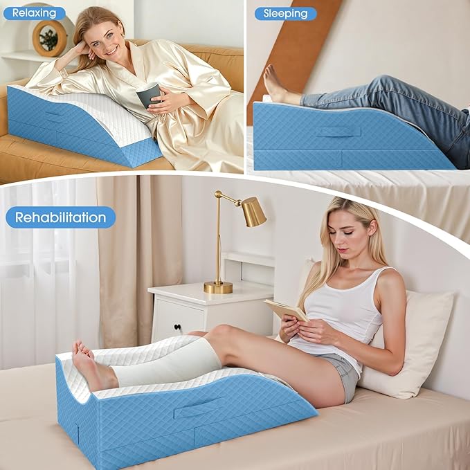 TranquilRelax Elevation Pillows for Leg After Surgery, Memory Foam Adjustable Wedge Pillow for Injury or Rest, Ankle Pillow for Sleeping Blood Circulation Light Blue/Double Leg