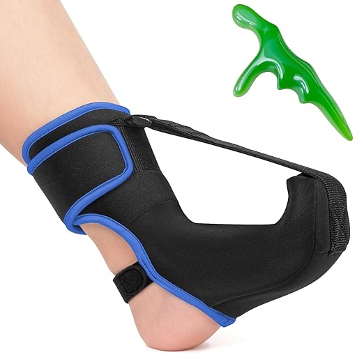 Plantar Fasciitis Night Splint Sock with Hand-Held Massage Tool Upgraded Soft Plantar Fasciitis Brace for Women Men for Achilles Tendonitis Foot Drop Heel Spur Pain Relief Black-Blue (Large)