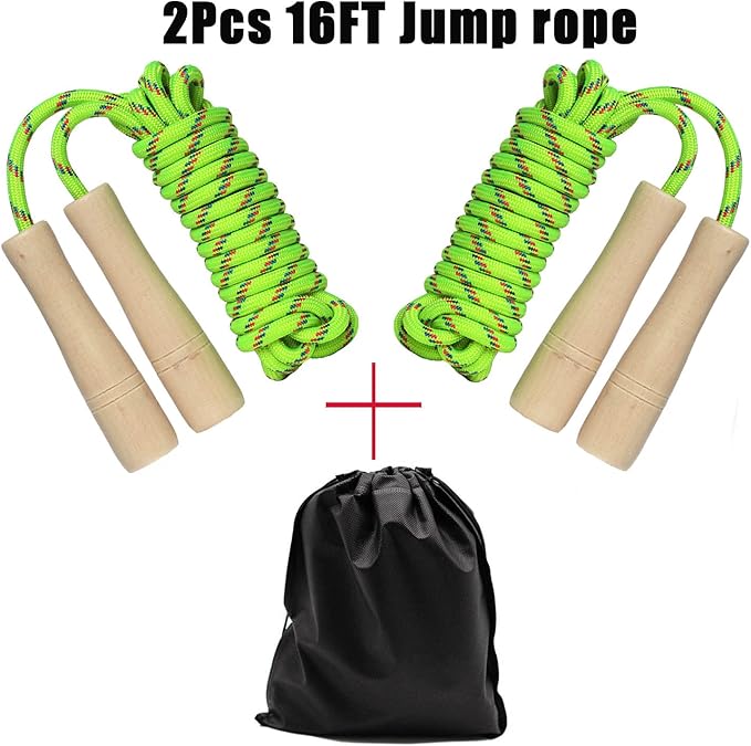 Double Dutch Jump Rope 16 ft 2 Pack, Adjustable Long Skipping Rope with Wooden Handle, Multiplayer Team Jumping Rope for Kids Adults, Long Enough for 5-6 Jumpers