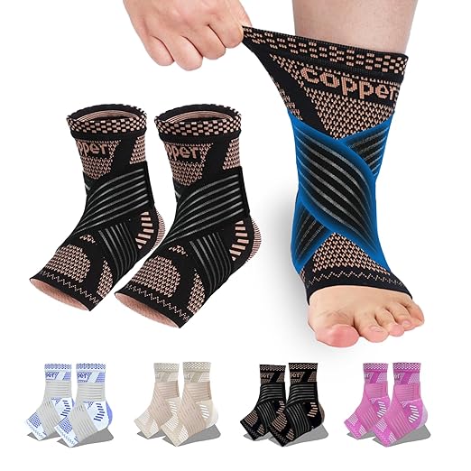 LISEPWU Copper Ankle Brace with Adjustable Compression Bandage, Ankle Support Compression Sleeve for Men & Women, for Foot Pain, Sprained Recovery, Achilles Tendonitis, Sports Protection(Black S)