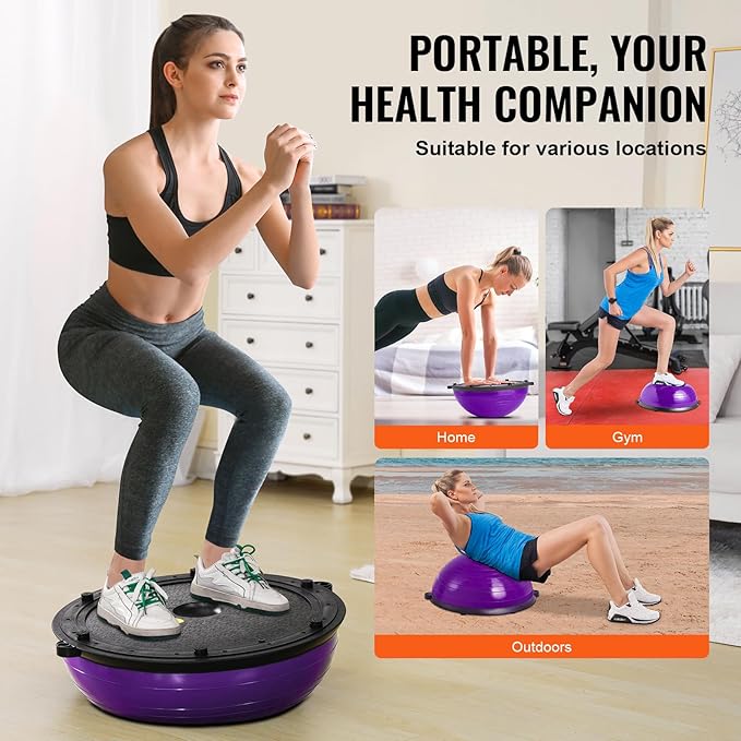 VEVOR Half Exercise Ball Trainer, 23/26 inch Balance Ball Trainer, 1500lbs Capacity Stability Ball, Yoga Ball with Resistance Bands & Foot Pump, Strength Fitness Ball for Home Gym Full Body Workout