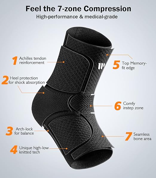 Flat Knitting Ankle Brace For Women&Men, 7-Zone Dynamic Compression Sleeve w/Flex Strap,Foot Support For Sports,Sprained Ankle, Achilles Tendonitis, Plantar Fasciitis Relief(Pack of1)XXL, Black