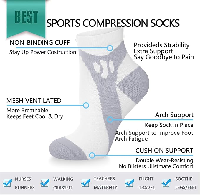 Copper Compression Socks Women and Men 6 Pairs - Circulation Arch Support Plantar Fasciitis Running Ankle Socks