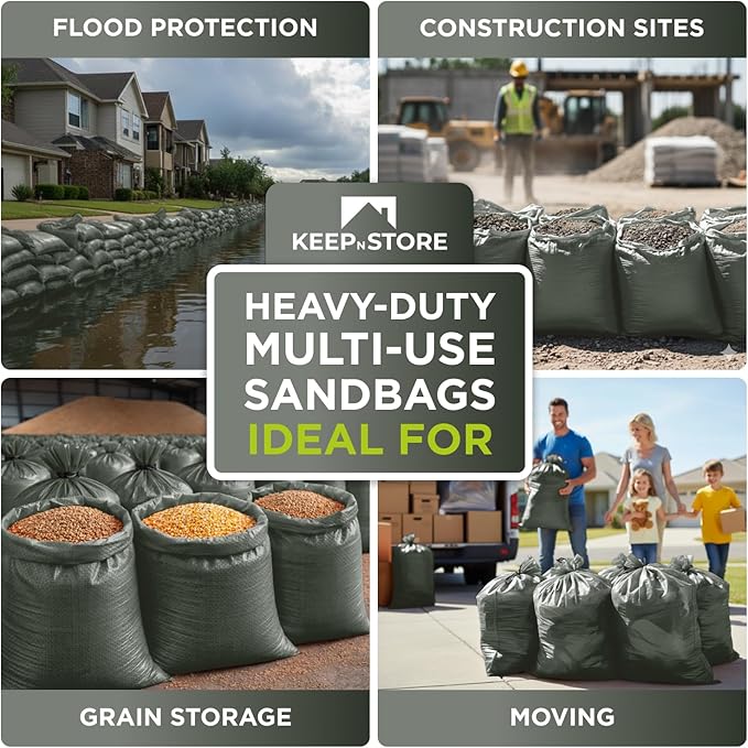 Heavy Duty Sand Bags Pack of 24, Army Green Empty Sandbags with Built-In Ties, Woven Polypropylene UV Protection 1600 Hours, Fillable Bags for Flood Control, Weight, 24x40 inches, 125 Pounds Volume