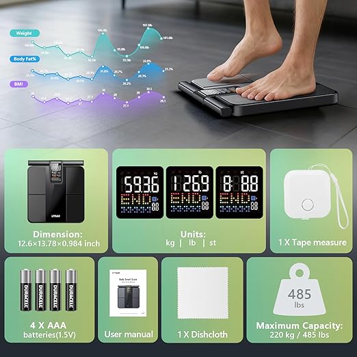 Smart Scale for Body Weight and Fat,BMI,Muscle Mass 57 Body Composition Measurement,8 Electrodes Digital Bathroom Scale,with 5.25-inch VA Color Screen on Retractable Handle,485lbs