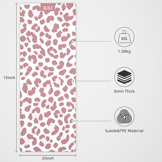 ILILI Yoga Mat Leopard Print Yoga Mat 8mm, Suede & TPE Thick Exercise Mat, Workout Mat for Women Men, 72''x25'' Fitness Mat with Strap for Home Gym, Yoga, Pilates, Stretching