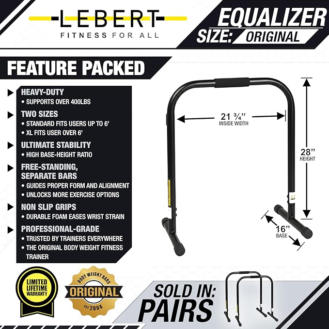 Lebert EQualizer Total Body Strengthener – Portable Dip Station for Full Bodyweight Training – Includes Hip Resistance Band & Online Coaching – Available in Standard & XL Sizes
