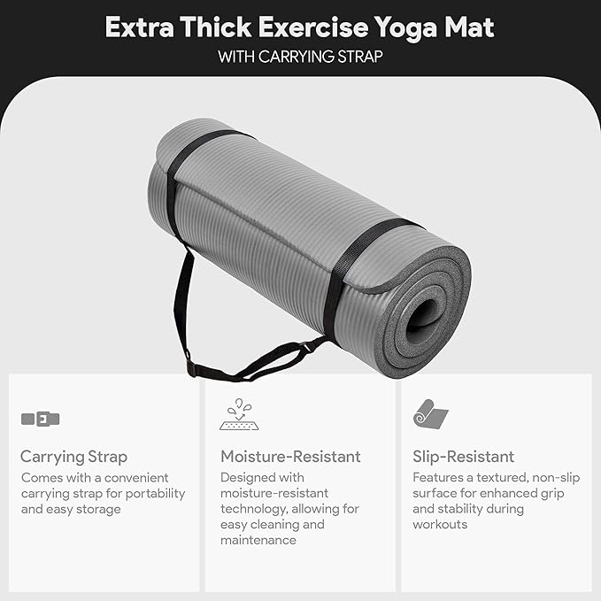 BalanceFrom Yoga Mat, 1-Inch Extra Thick High Density Exercise Mat, Anti-Tear Exercise Yoga Mat with Carrying Strap, Suitable for Various Yoga Exercises, Multiple Colors