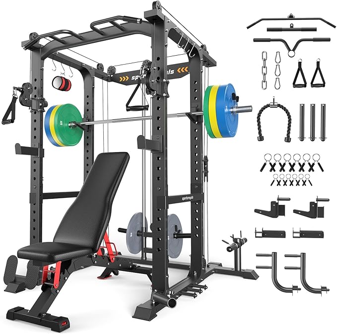 Sportsroyals Squat Rack, LAT Power Cage, Power Rack Multi-Function with Pulley System and Training Attachments for Home Gym