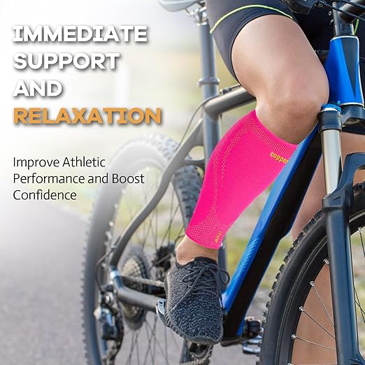 Copper Calf Compression Sleeves for Men & Women - High Stretch Graduated Compression with Anti-Slip Grip | Breathable & Smooth Lining Footless Design for Runners, Shin Splints, Leg Fatigue & Travel (Pink, Large)