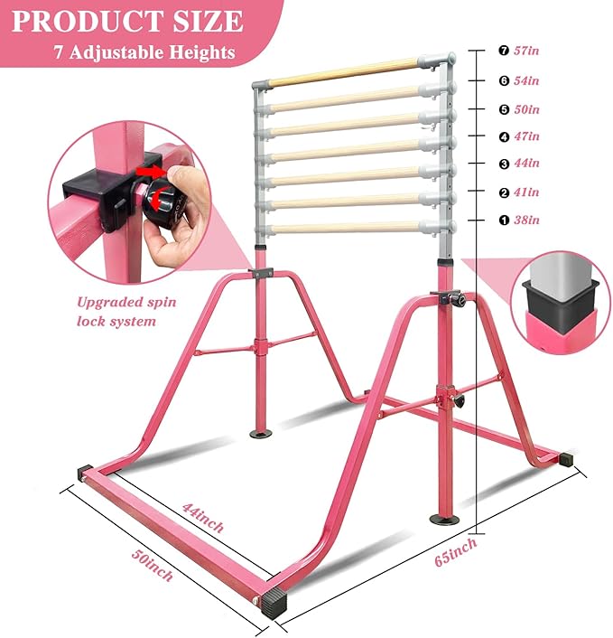 Foldable & Moveable Gymnastics Horizontal Bar with Rings,3’to 5’Adjustable Height Expandable Junior Kip Bar for Home,Indoor Gym Equipment for Kids