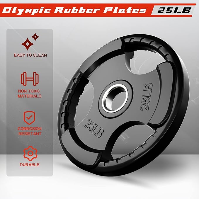 RitFit Weight Plates for Barbell, 2-Inch Olympic Rubber Grip Plates for Weightlifting and Strength Training in Home & Gym, Single, Pair and Sets