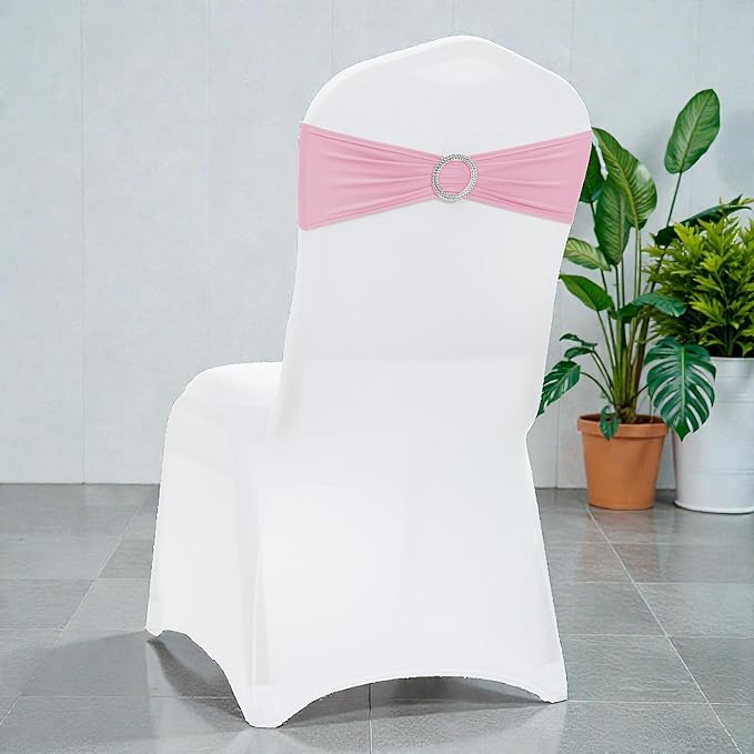 MDS Pack of 150 Spandex Chair Sashes Bows Universal fits Elastic Stretch Chair Bands Ties with Buckle Slider Bow for Wedding Decoration Spandex Slider Sashes Bow - Pink