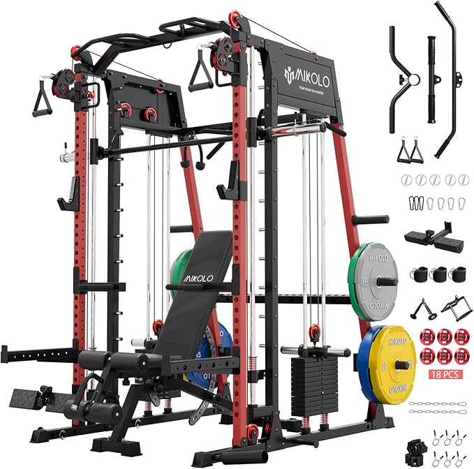 Mikolo M4 2.0 Smith Machine, 2200lbs Squat Rack with LAT-Pull Down System & Cable Crossover Machine, Training Equipment with Leg Hold-Down Attachment