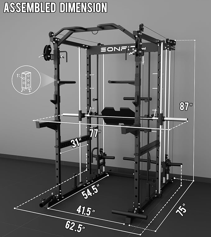 Eonfit E5 Smith Machine with Vertical Leg Press, Power Cage Squat Rack with LAT-Pull Down Cable Crossover Rotating Arms System Home Gym Equipment All in One