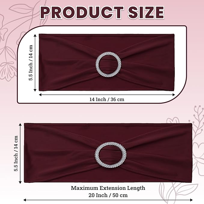 VDS - Burgundy | Spandex Chair Sashes Bows | 25 PCS | Stretch Elastic Banquet Universal Folding Chair Band Tie with Silver Buckle Slider for Wedding Party Conference Celebration Event Decoration