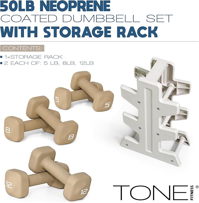 Tone Fitness Neoprene Dumbbell Set with Storage Rack – Non-Slip, Anti-Roll Hand Weights for Home Gym Workouts | 20 lb, 32 lb, 50 lb, 60 lb & 100 lb Options