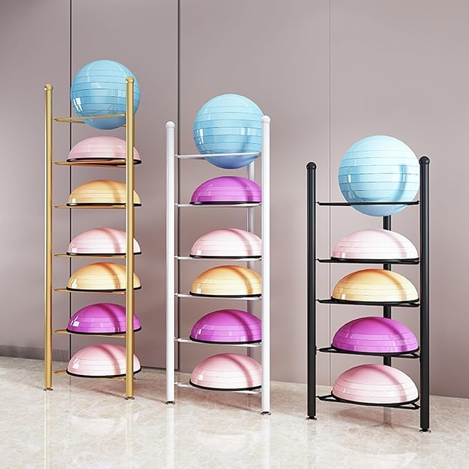 Exercise Half Balance Ball Trainer Holder Storage Rack - Home Fitness Gym Workout Equipment 3/5/6/7 Tier Floor Stand Corner Storage Organizer for Basketball Bowling Medicine Yoga Bosu Balls(Gold,6 lay