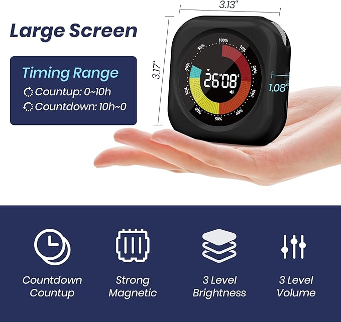 PERSUPER Visual Timer for Kids, 10 Hours Countdown/Up, with Rechargeable, 3 Volume Levels, 3 Brightness Display, and Magnetic, Homeschool Study Tool, Large Digital Timers for Classroom (2 Packs)