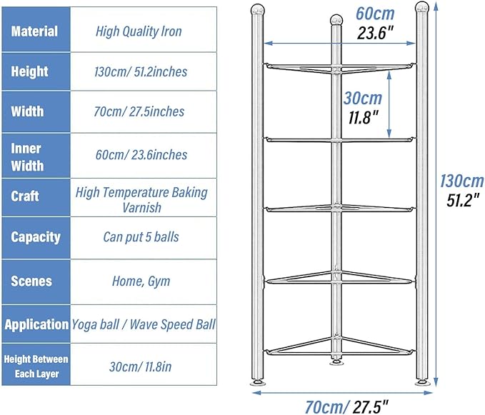 Exercise Half Balance Ball Trainer Holder Storage Rack - Home Fitness Gym Workout Equipment 3/5/6/7 Tier Floor Stand Corner Storage Organizer for Basketball Bowling Medicine Yoga Bosu Balls(White,5 la