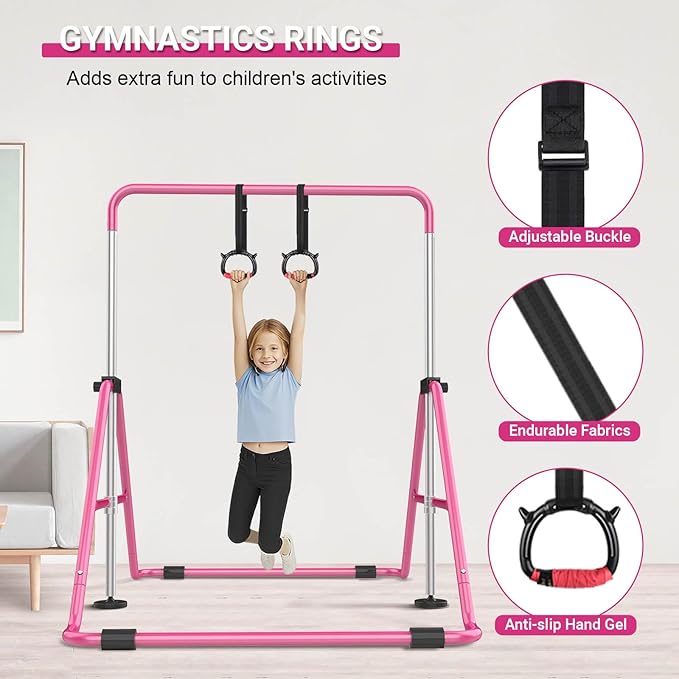 Foldable Gymnastics Bar, 5-Height Adjustable Gymnastic Bars for Kids at Home,Robust & Stable for Indoor/Outdoor Using,Weight Limit 140LBS