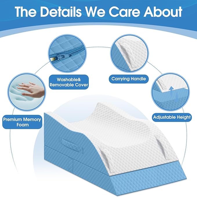 TranquilRelax Elevation Pillows for Leg After Surgery, Memory Foam Adjustable Wedge Pillow for Injury or Rest, Ankle Pillow for Sleeping Blood Circulation Light Blue/Double Leg