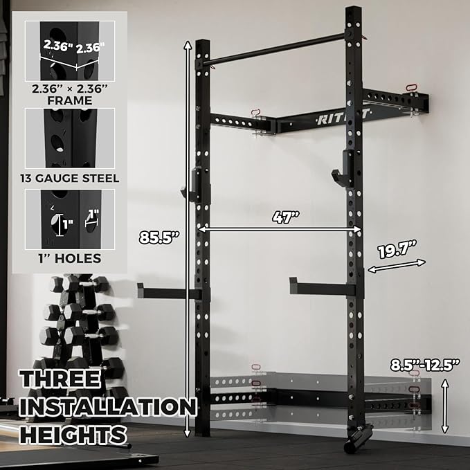 RitFit 2.36'' x 2.36'' Folding Squat Rack for Home Gym, Wall Mounted Squat Rack with Attachments - Space Saving Squat Power Rack