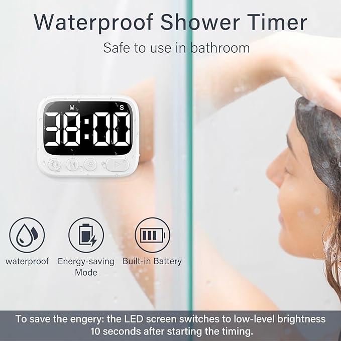 HAUKINIX Shower Timer Waterproof Bathroom Toilet Timer Digital Kitchen for Wall Mount, Study w/Foldable Stand, Countdown Stopwatch w/Suction Cup for Swim, Rechargeable, 2 Pack White