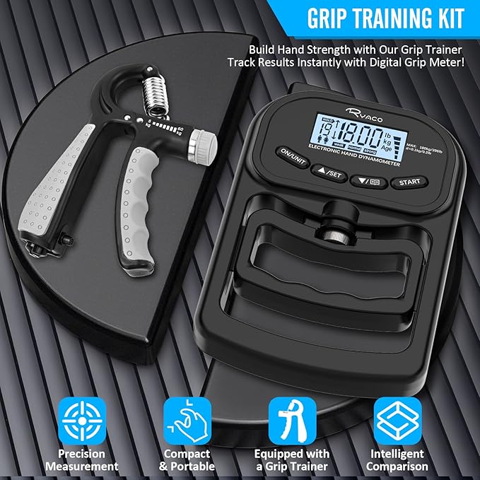 Ryaco Grip Strength Tester With Adjustable Hand Gripper, 396lbs/180kg Digital Hand Dynamometer Grip Strength Trainer Set Electronic Hand Grip Strengthener with LCD Display for Rehab Fitness Home Use