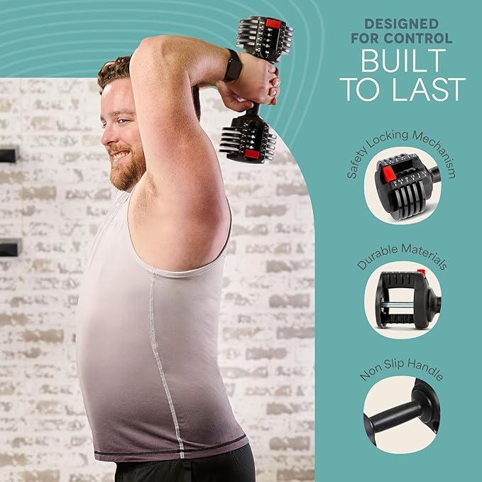 Lifepro Adjustable Dumbbells Set – 15lb, 25lb Pair or 43lb, 55lb & 90lb Single – Quick Adjustment, Anti Slip Handle – Space Saving & Strength Training Weights for Home Gym Exercise & Fitness