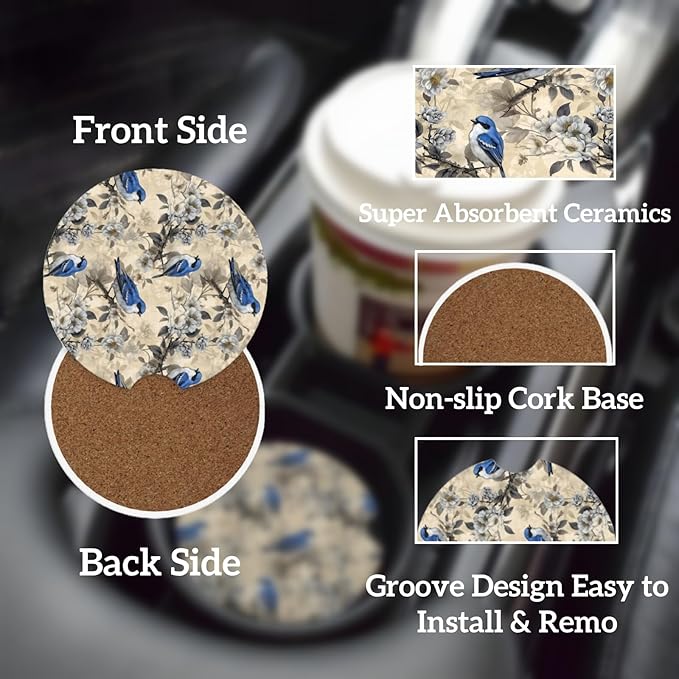Car Cup Holder Coasters, 2 Pcs Ceramic Coasters with Finger Slot and Cork Back, Anti-Slip Shock Absorbing Women and Men Universal Car Accessories - Blue Bird